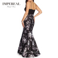 Tight Bodice Fishtail Spaghetti Straps Digital Print Long Black White Evening Dress